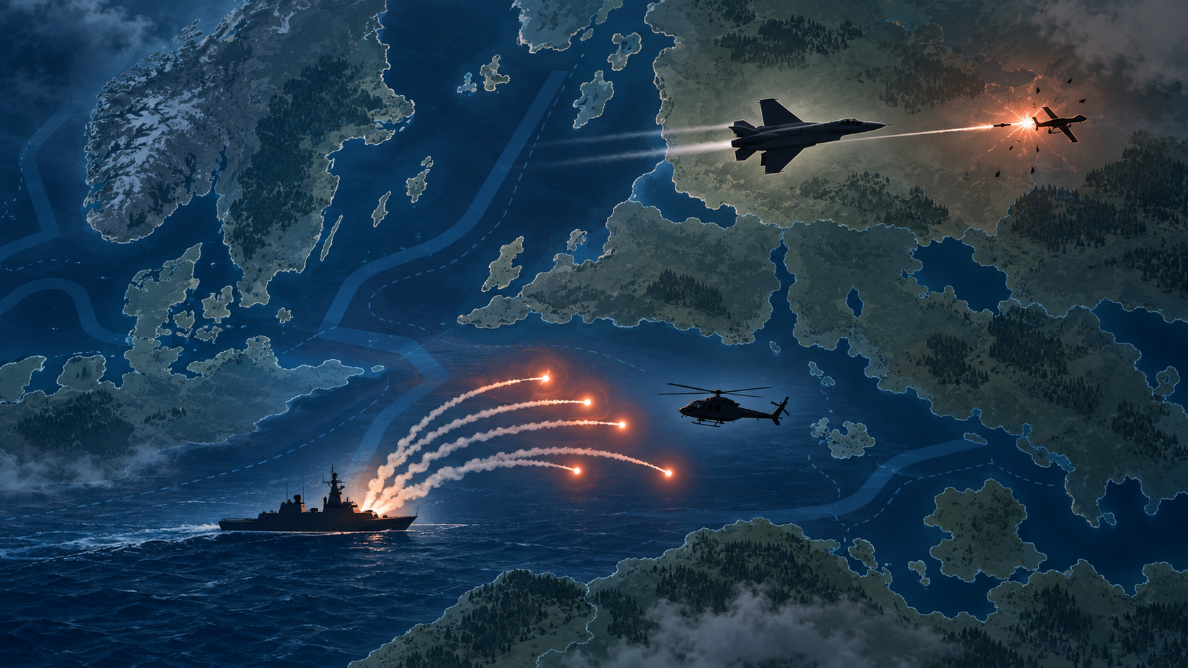 Ilustração conceitual do Mar Báltico com aeronaves, drone, navio e trajetórias de sinalizadores