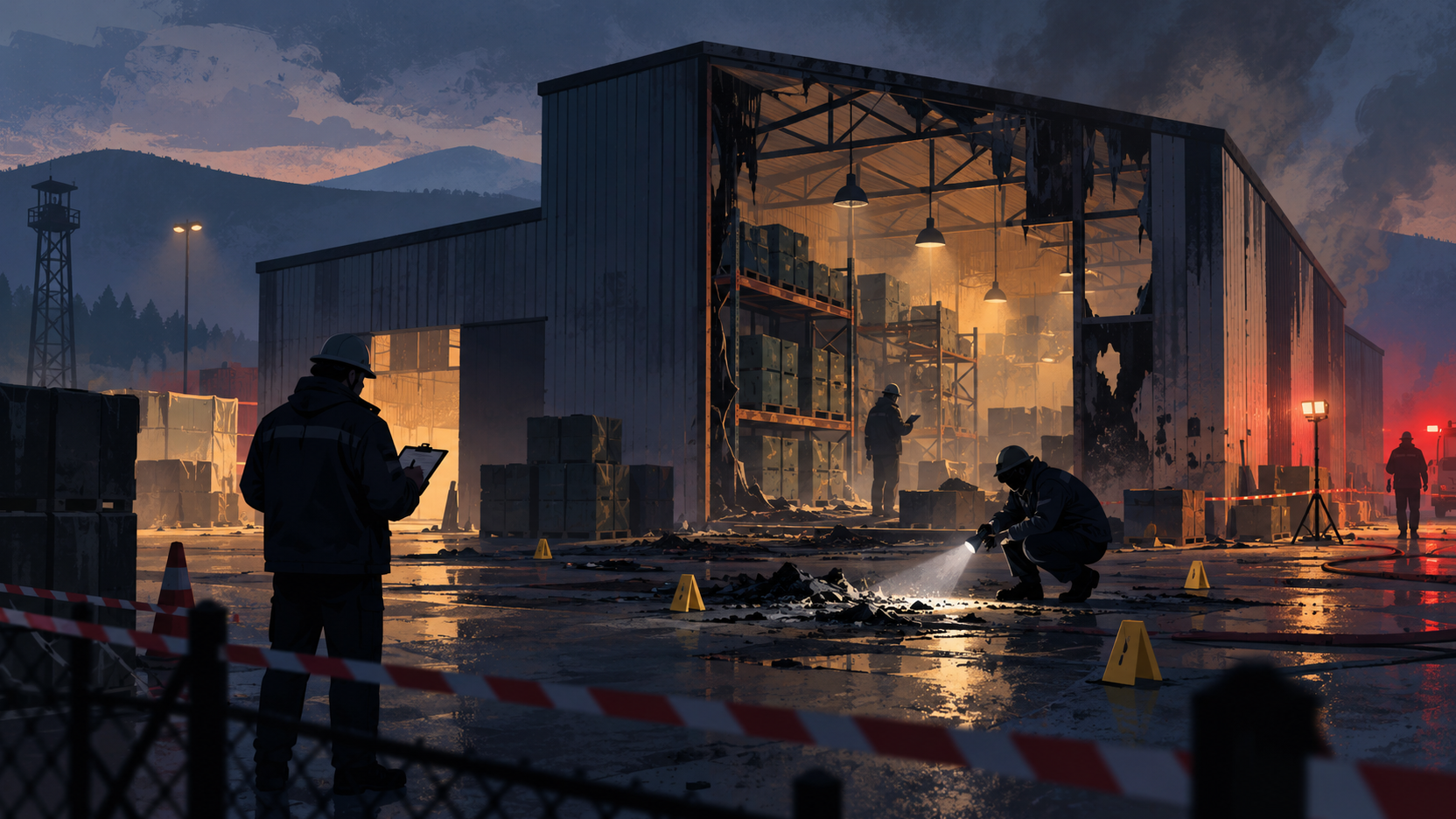 Ilustração conceitual de um depósito industrial danificado sob investigação, sem pessoas identificáveis