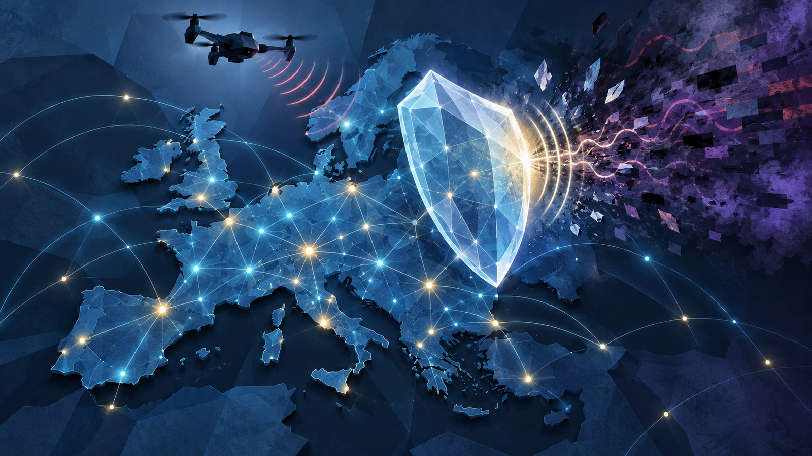 Ilustração conceitual do mapa europeu protegido por um escudo digital diante de drone e ataque cibernético
