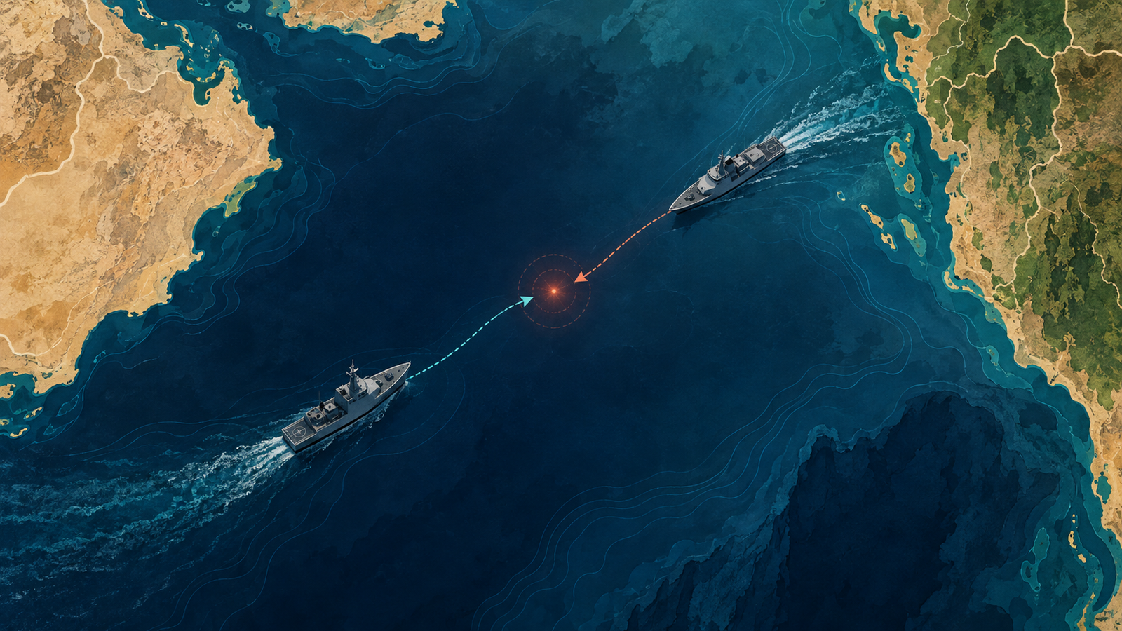Ilustração conceitual de dois navios em trajetórias convergentes no norte do Mar Arábico