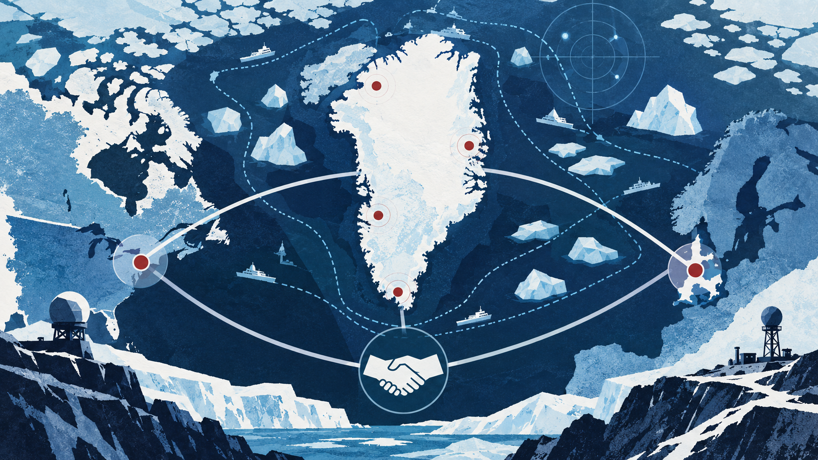Ilustração conceitual do mapa da Groenlândia conectado a rotas e pontos de vigilância no Ártico