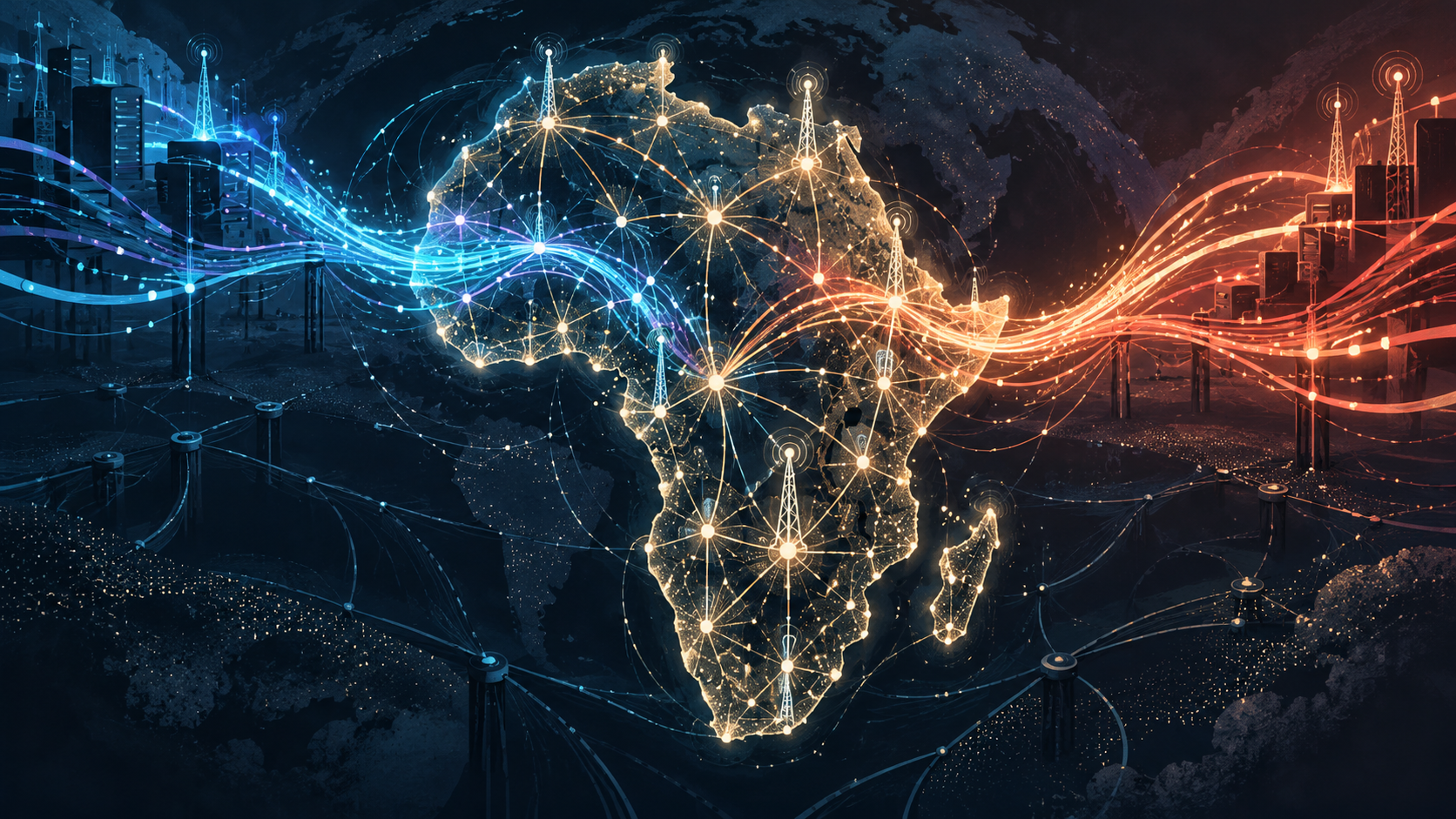 Ilustração conceitual do continente africano conectado a dois fluxos tecnológicos concorrentes