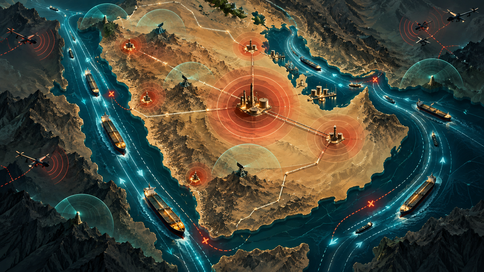 Ilustração conceitual da Península Arábica com rotas de energia, alertas e ameaças de drones