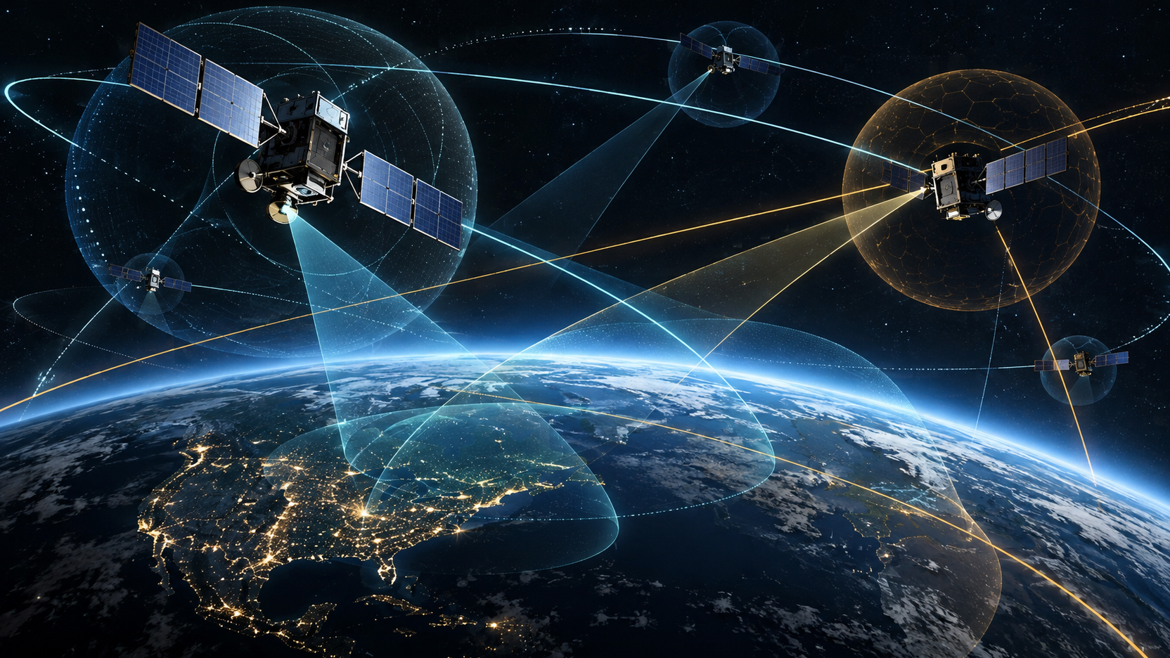 Ilustração conceitual de satélites, órbitas e campos de proteção ao redor da Terra