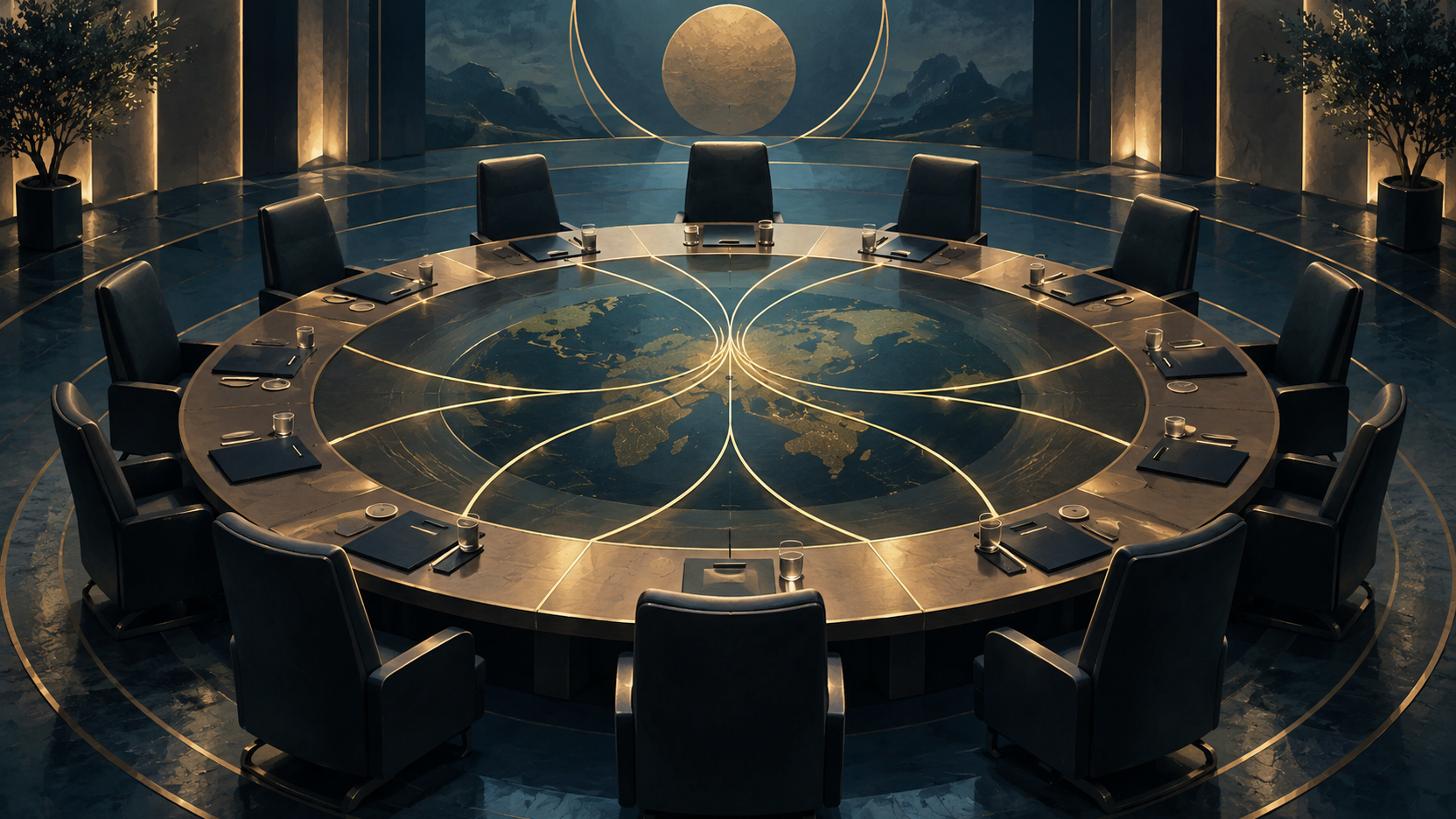 Ilustração conceitual de uma mesa multilateral sobre um mapa abstrato, sem bandeiras ou logotipos