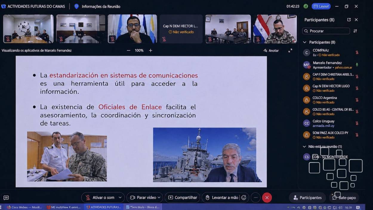 Tela da conferência virtual do CAMAS com representantes dos países participantes e apresentação sobre comunicação