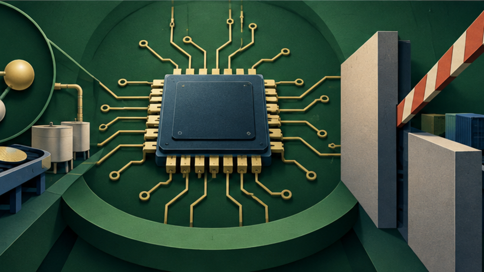 Representação conceitual de microchip, insumos químicos, contêineres e barreira comercial