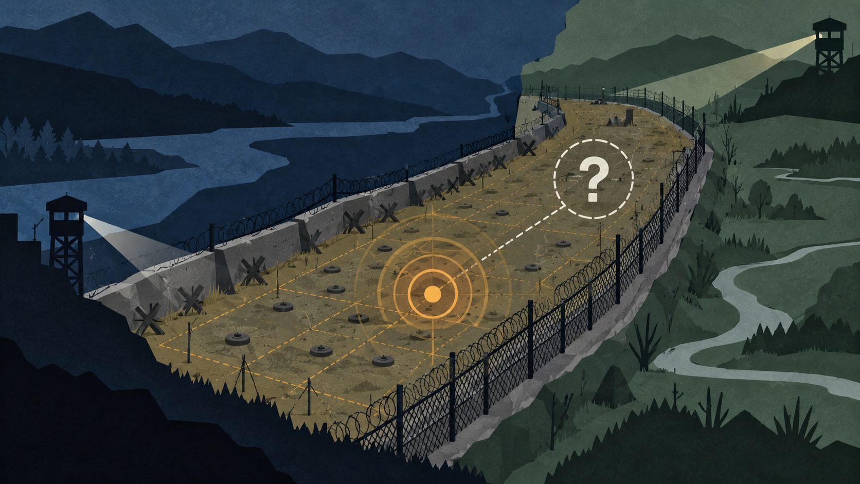 Ilustração conceitual de uma faixa de fronteira fortificada com minas, torres de vigilância e marcador de causa desconhecida