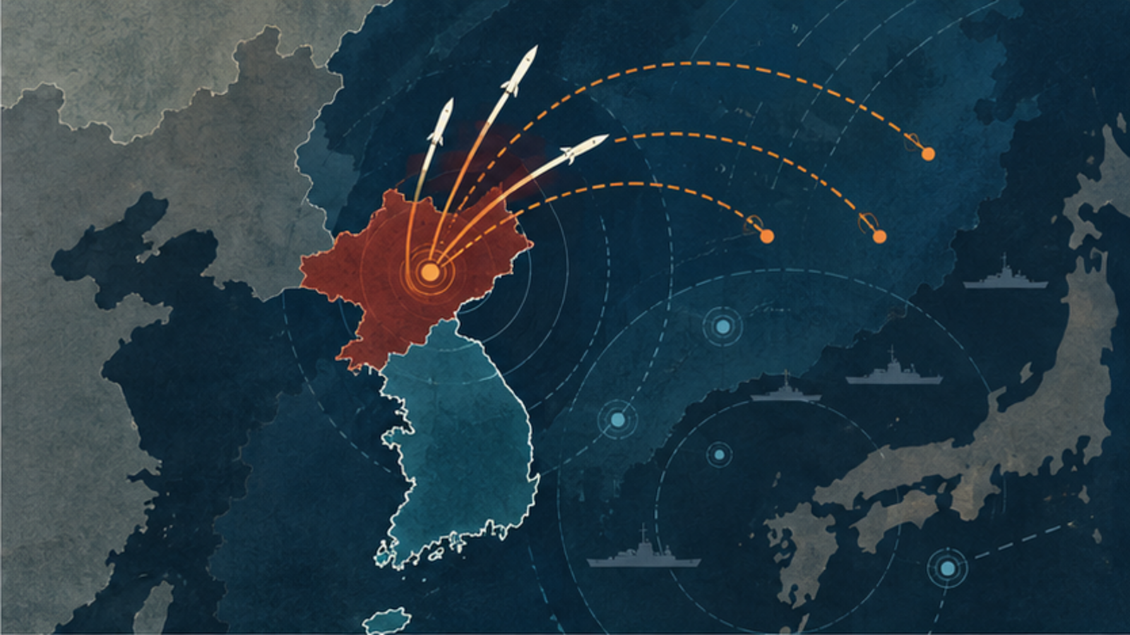 Ilustração conceitual de duas trajetórias balísticas sobre o mar observadas por radares, sem representar um lançamento real