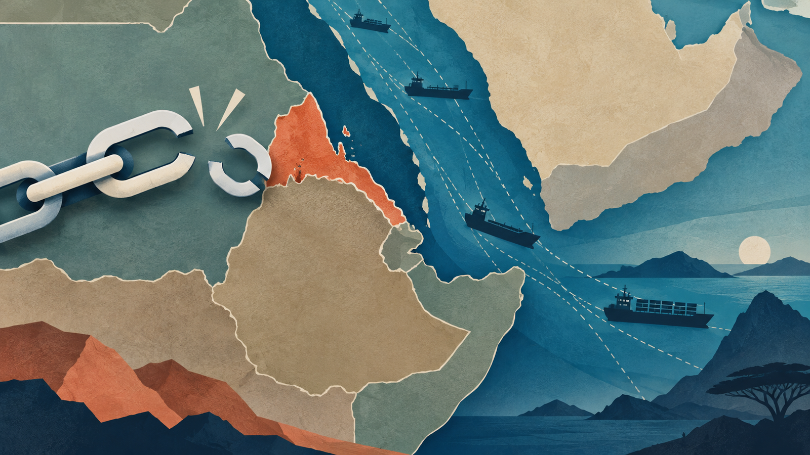 Ilustração conceitual da Eritreia, das rotas do Mar Vermelho e de um elo aberto representando a retirada de sanções