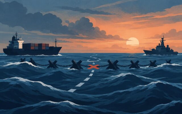 Cena gráfica abstrata de embarcações estilizadas diante de uma rota marítima bloqueada, sem identificação de países.