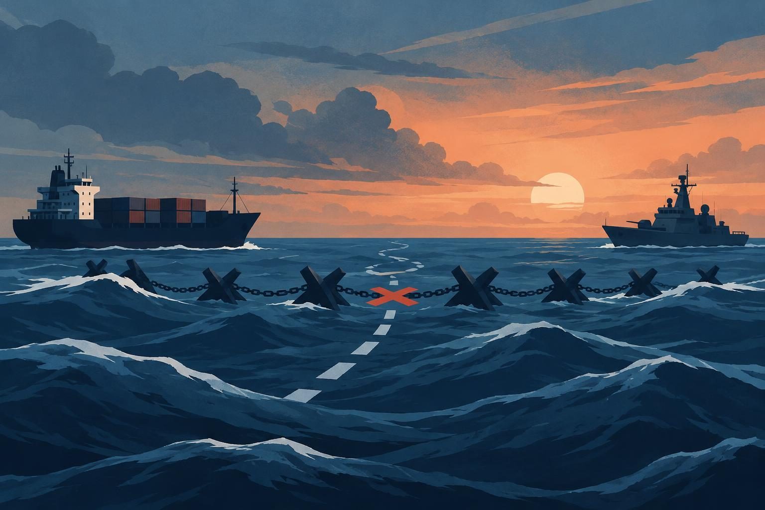 Cena gráfica abstrata de embarcações estilizadas diante de uma rota marítima bloqueada, sem identificação de países.