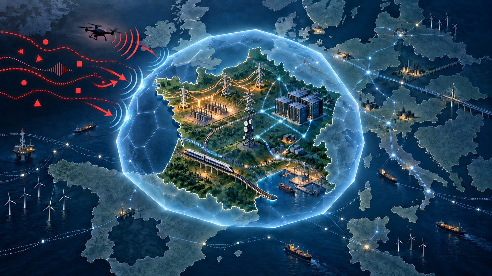 Ilustração conceitual de infraestrutura europeia protegida contra drone e sinais de ataque digital