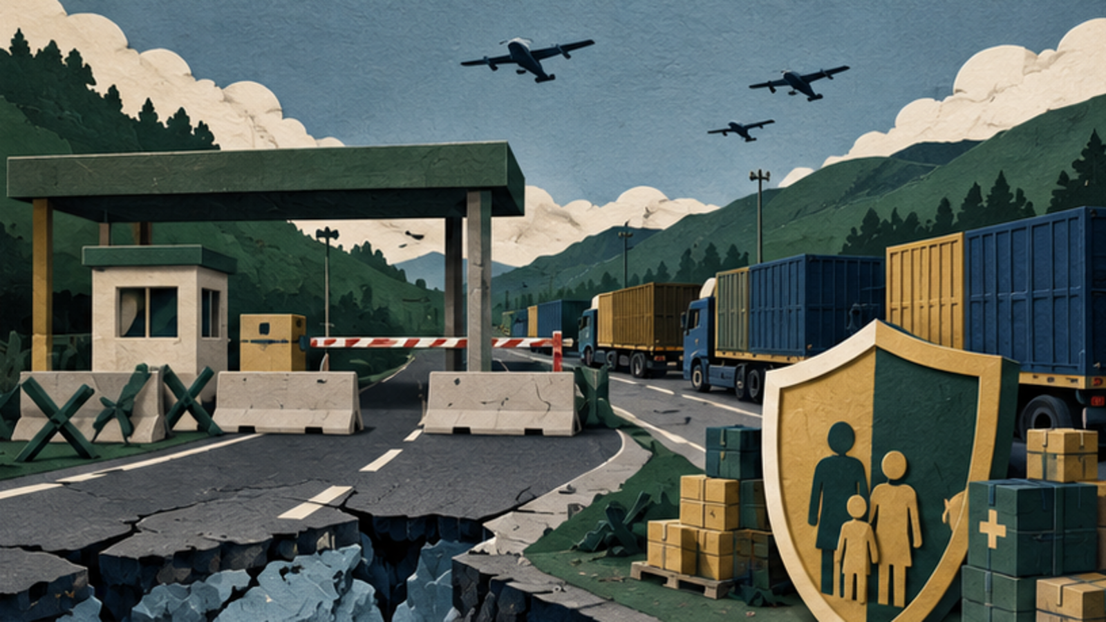 Representação conceitual de posto fronteiriço, estrada interrompida, veículos de carga e proteção de civis
