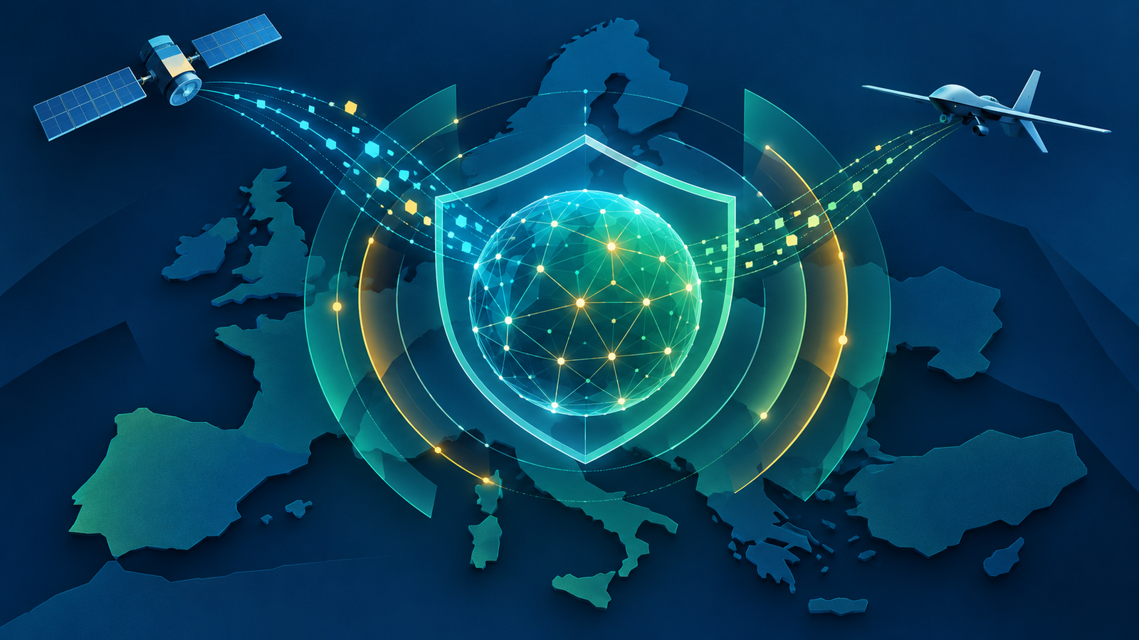 Ilustração conceitual de rede de comando, satélite e drone protegidos por salvaguardas digitais sobre a Europa