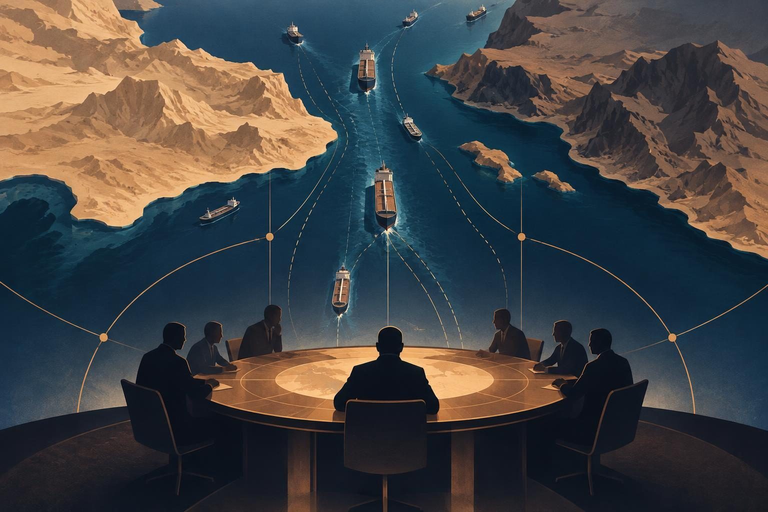 Estreito marítimo abstrato entre costas estilizadas, com navios geométricos e uma mesa de negociação simbólica.