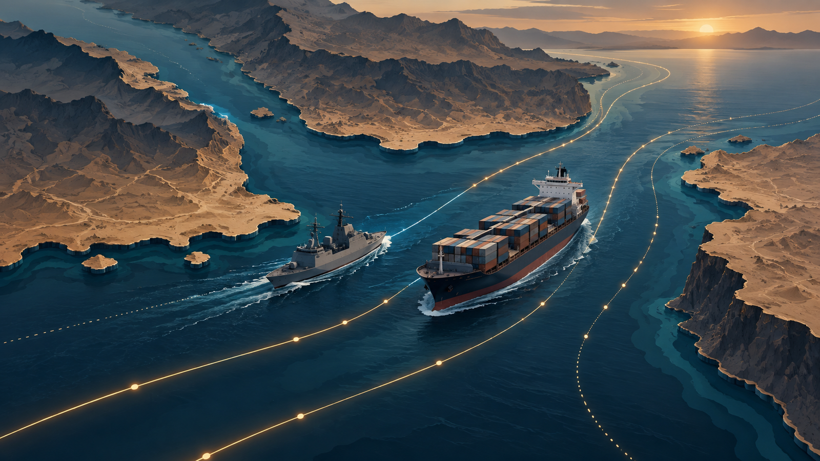 Ilustração conceitual de navio mercante escoltado por embarcação naval em rota pelo estreito de Bab el-Mandeb