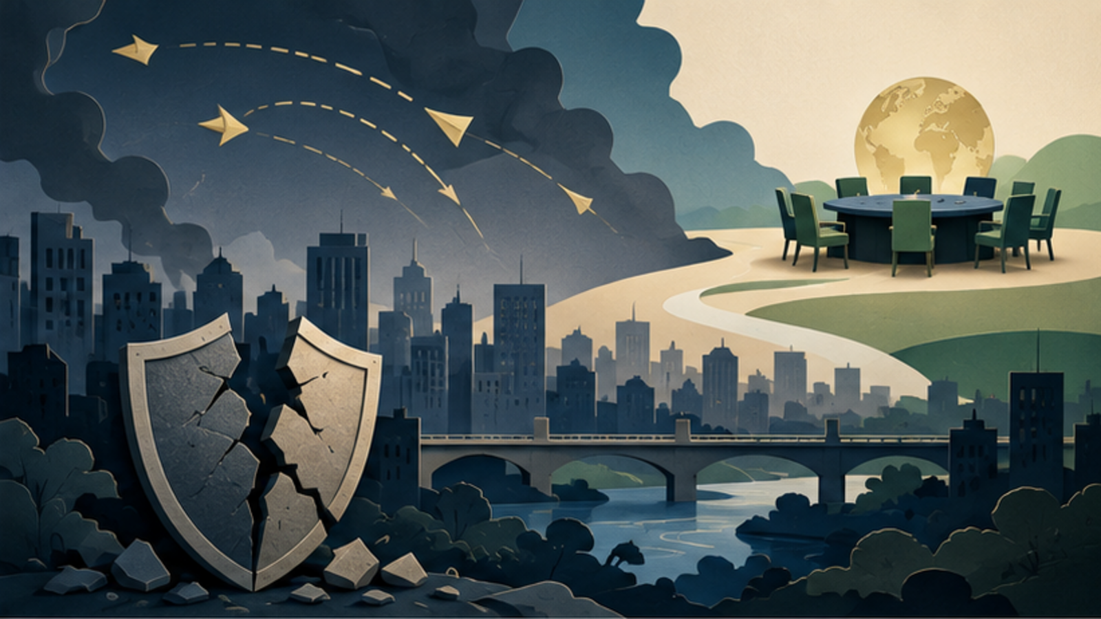 Representação conceitual de cidade, escudo fragmentado, sinais aéreos abstratos e mesa de negociação distante
