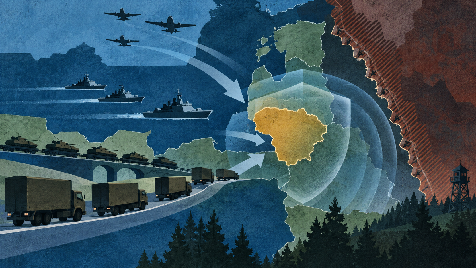 Ilustração conceitual de uma rota de forças aliadas em direção à Lituânia sobre mapa estilizado do Báltico
