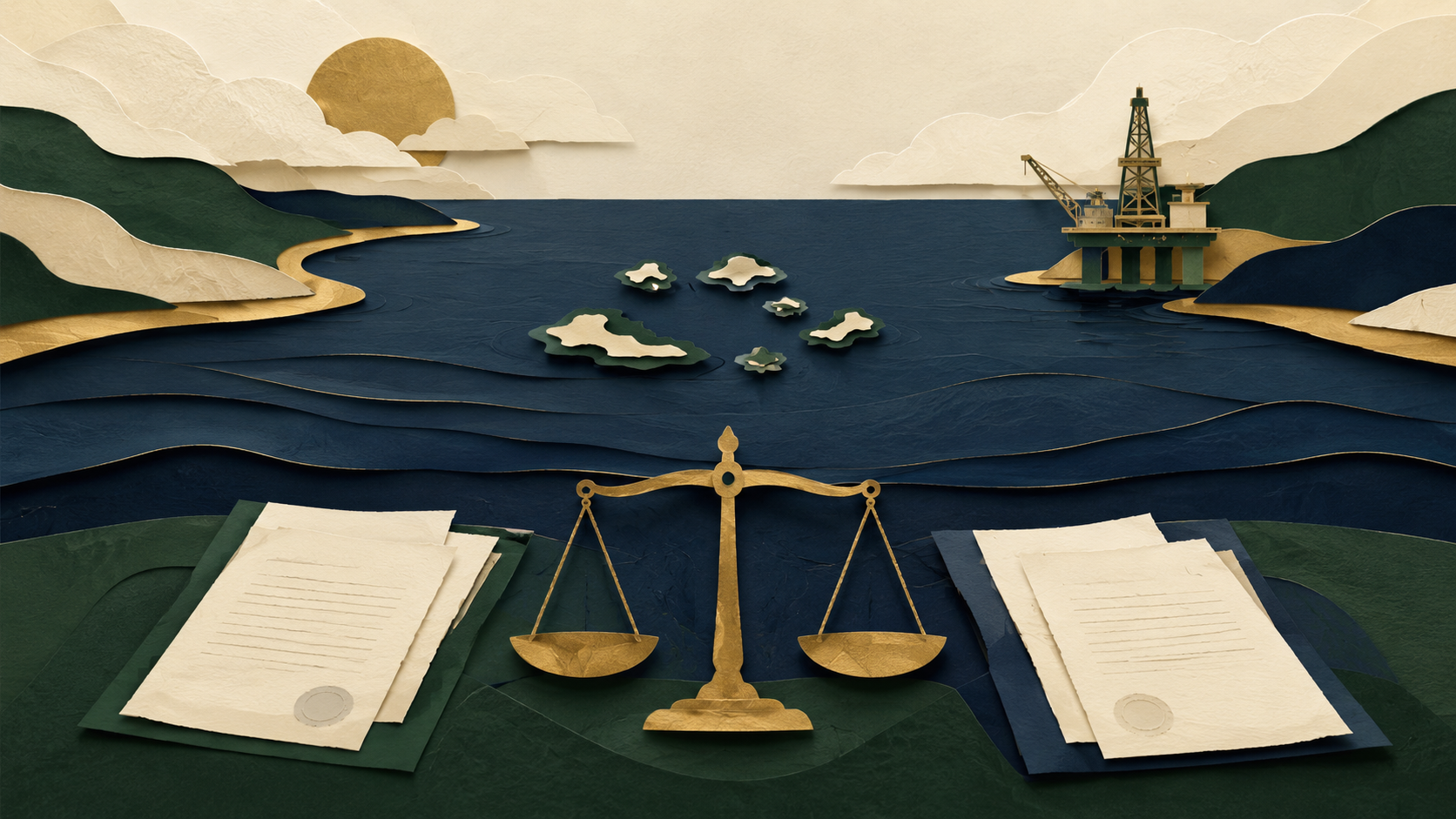 Representação conceitual de ilhas, plataforma de petróleo, documentos e balança no Atlântico Sul