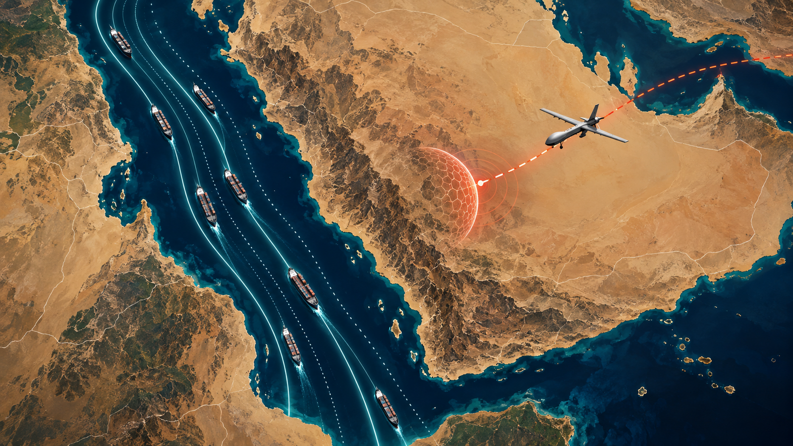 Ilustração conceitual da Península Arábica com trajetória de drone interrompida e rotas marítimas no Mar Vermelho
