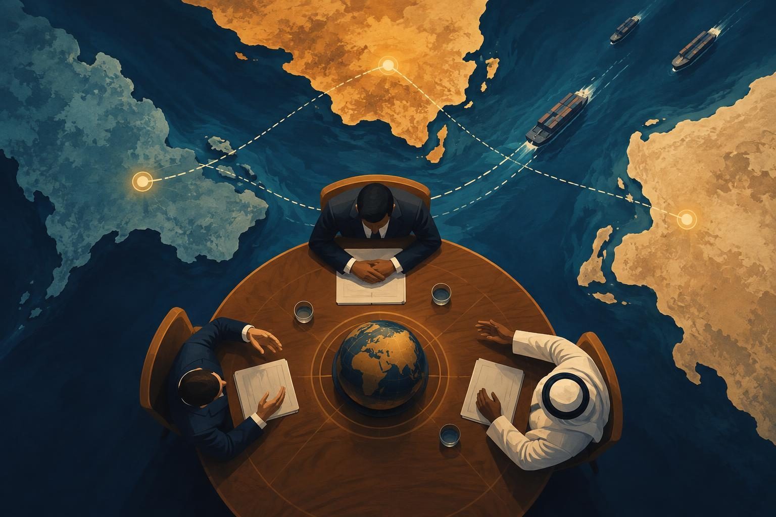 Ilustração não fotográfica de uma mesa de negociações abstrata diante de um mapa estilizado de uma passagem marítima estratégica.