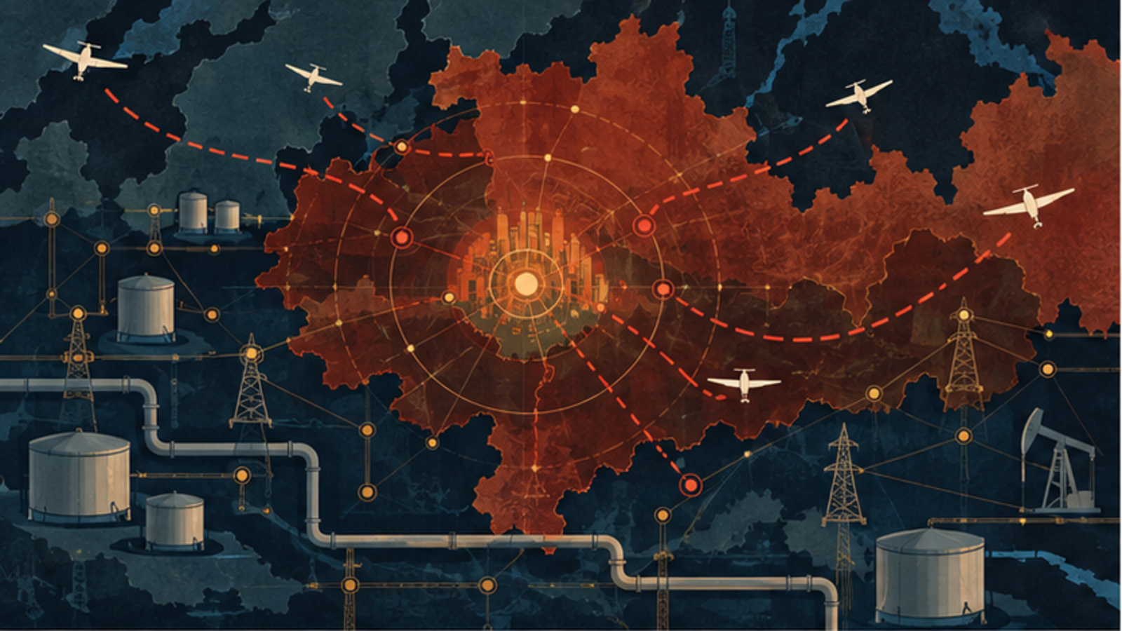 Ilustração conceitual de uma cidade, uma instalação de energia e trajetórias de drones interrompidas por uma rede de defesa