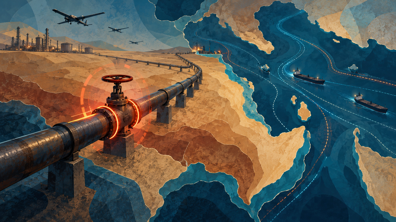 Ilustração conceitual de oleoduto, rotas marítimas e drones sobre um mapa estilizado do Golfo