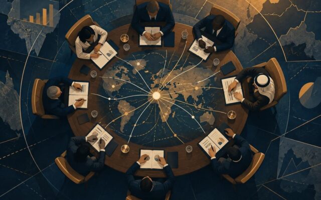 Mesa abstrata de negociação internacional com mapas estilizados e documentos, sem símbolos nacionais literais.