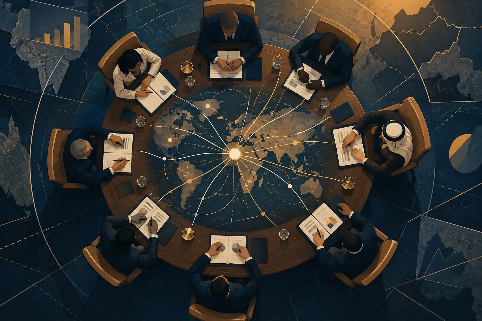 Mesa abstrata de negociação internacional com mapas estilizados e documentos, sem símbolos nacionais literais.