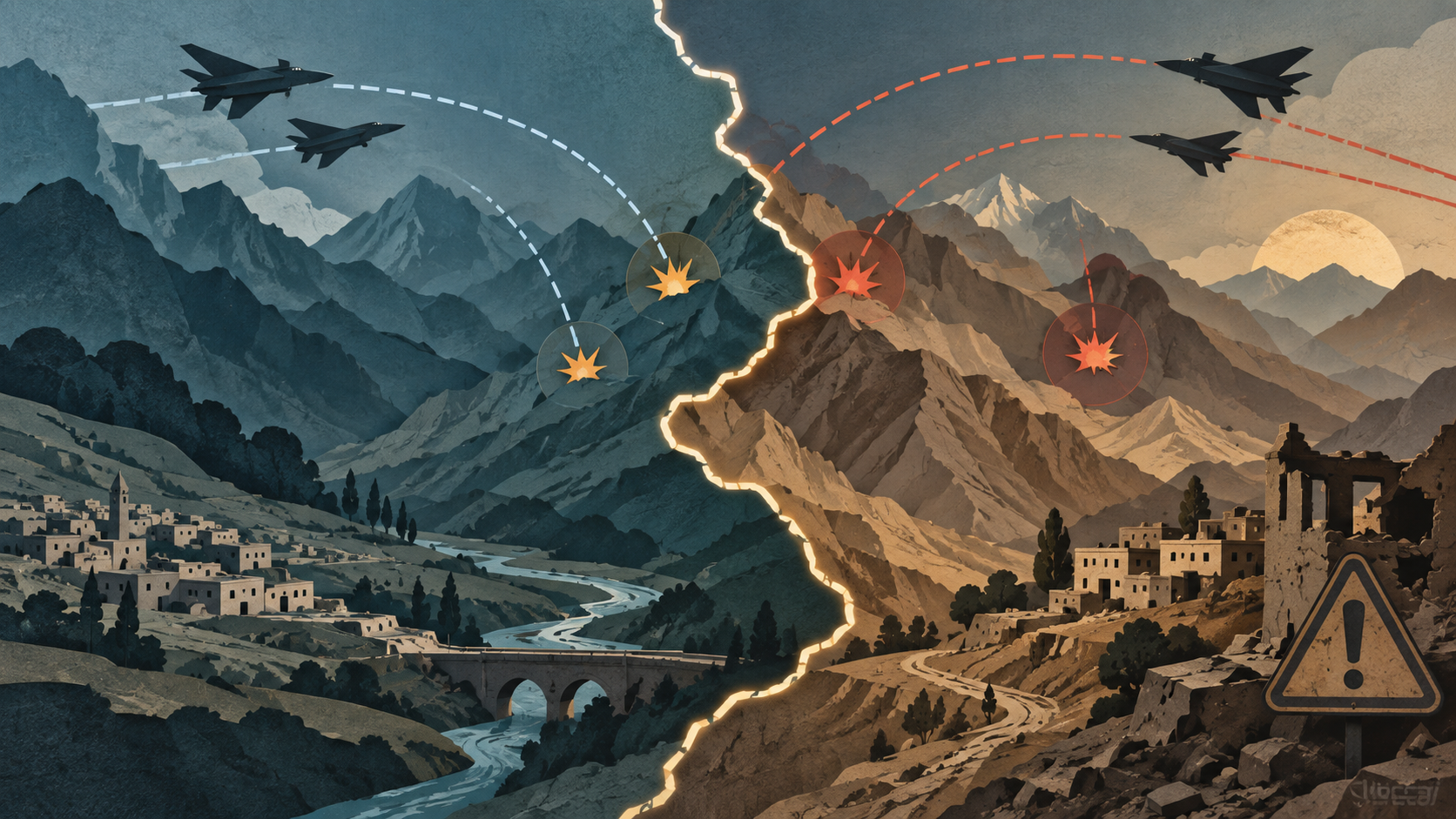 Ilustração conceitual de uma fronteira montanhosa com trajetórias aéreas e sinais de alerta em ambos os lados
