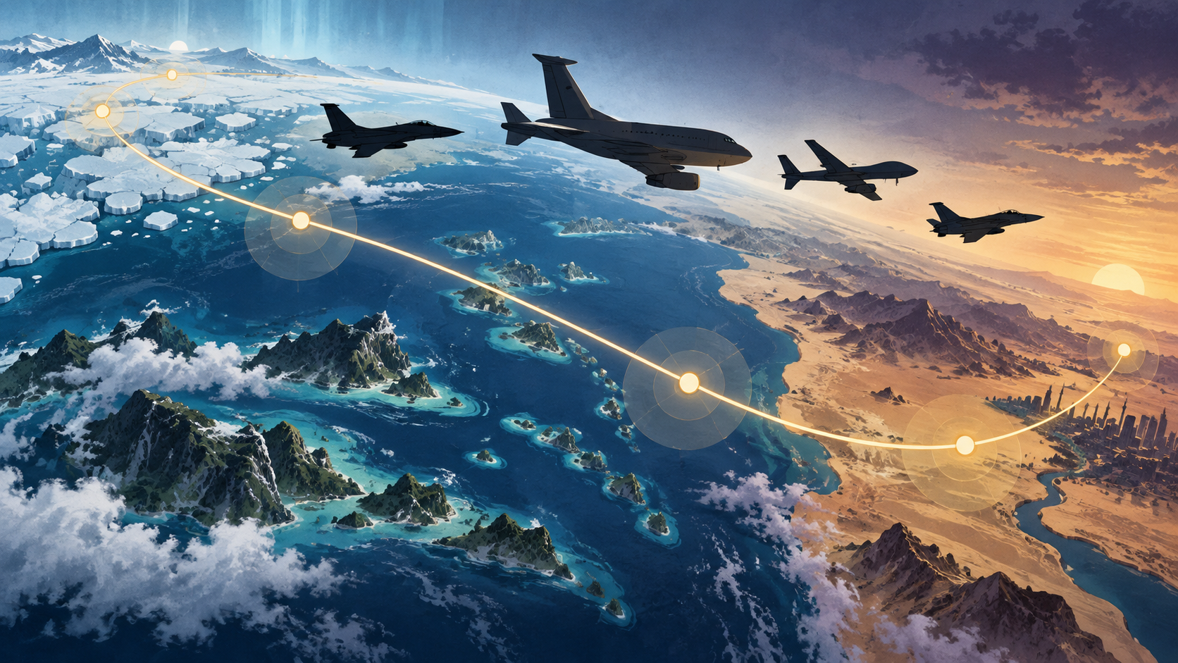 Ilustração conceitual de quatro aeronaves percorrendo uma rota entre regiões geladas, tropicais e desérticas