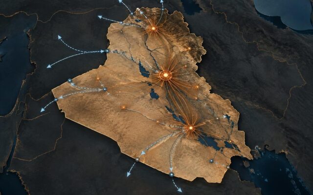 Mapa abstrato do Iraque com formas geométricas sugerindo a retirada de forças e a reorganização da segurança regional.