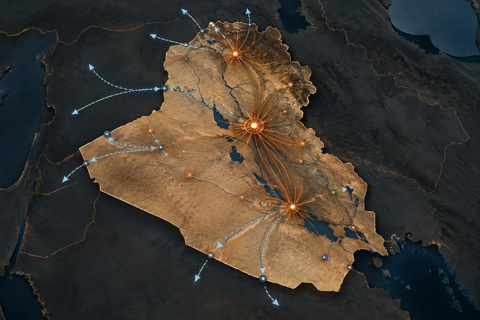 Mapa abstrato do Iraque com formas geométricas sugerindo a retirada de forças e a reorganização da segurança regional.