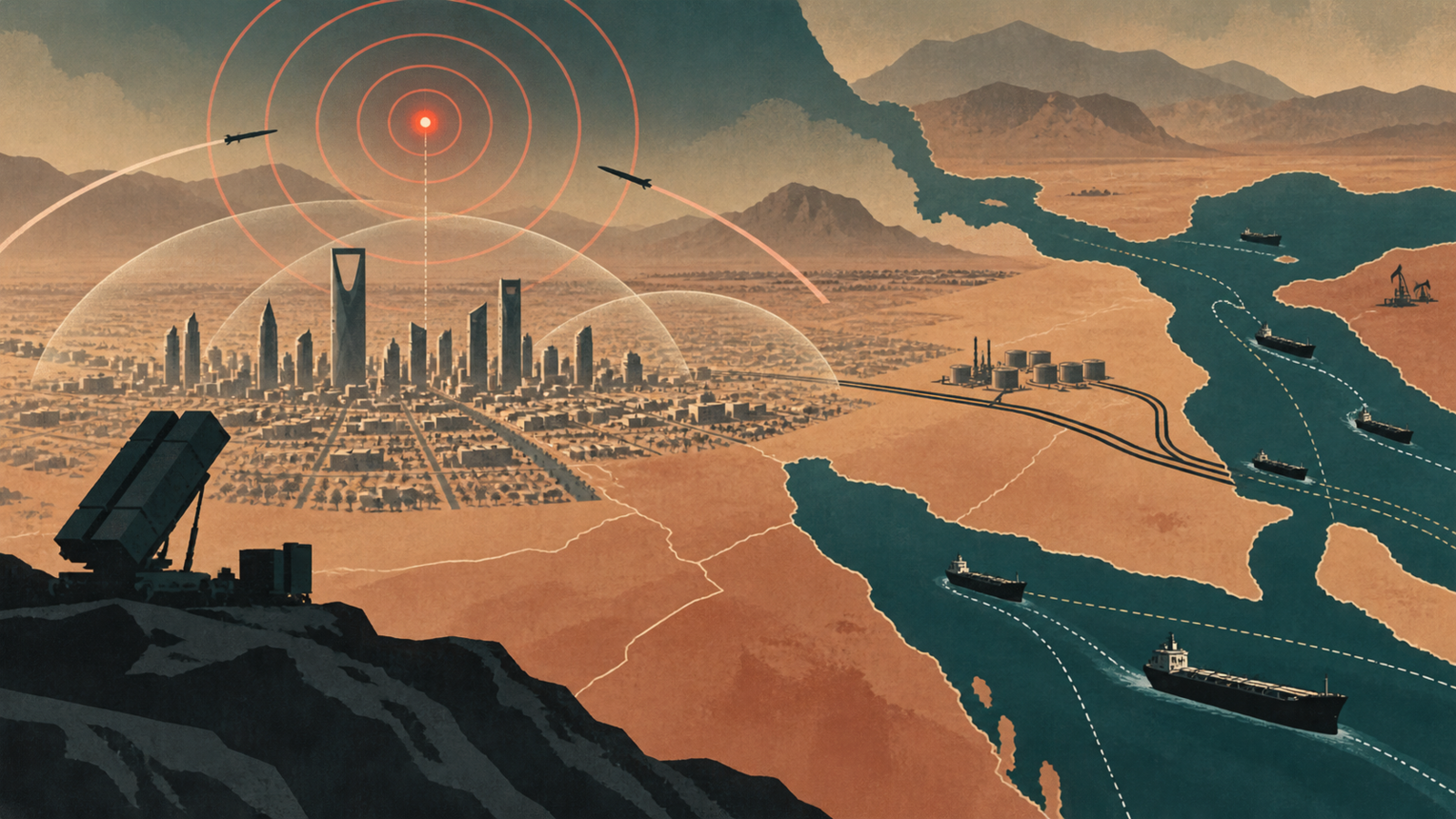 Ilustração conceitual de Riad com anéis de alerta aéreo, defesa antiaérea e rotas de energia e navegação