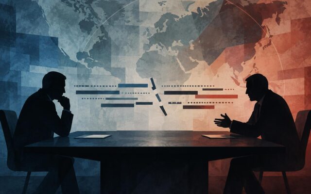 Composição ilustrada e não fotográfica de duas silhuetas humanas separadas por um canal de comunicação diplomática abstrato, sugerindo uma disputa entre governos.