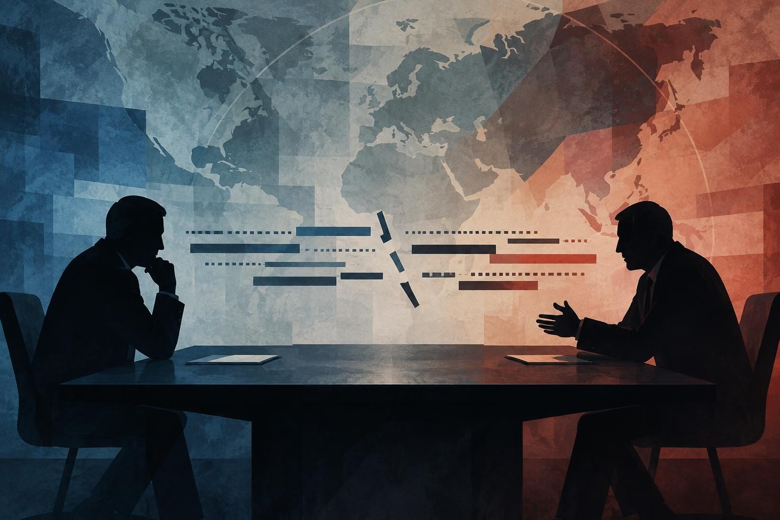 Composição ilustrada e não fotográfica de duas silhuetas humanas separadas por um canal de comunicação diplomática abstrato, sugerindo uma disputa entre governos.