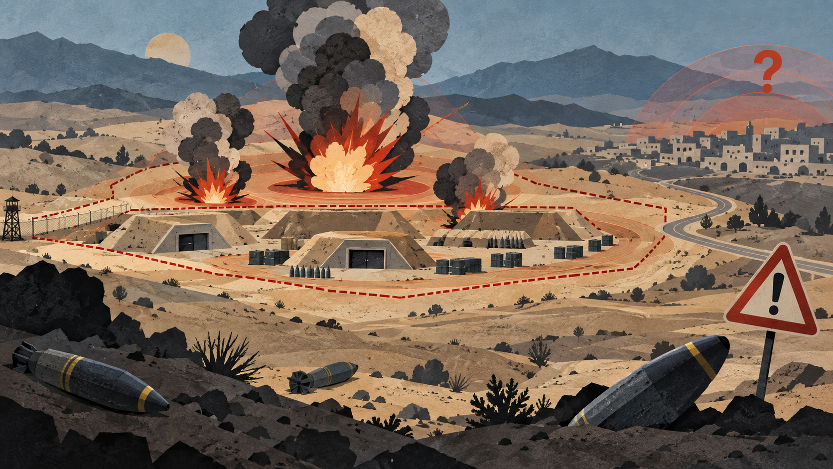 Ilustração conceitual de depósitos de munição isolados por perímetro de segurança, com explosões abstratas e causa incerta