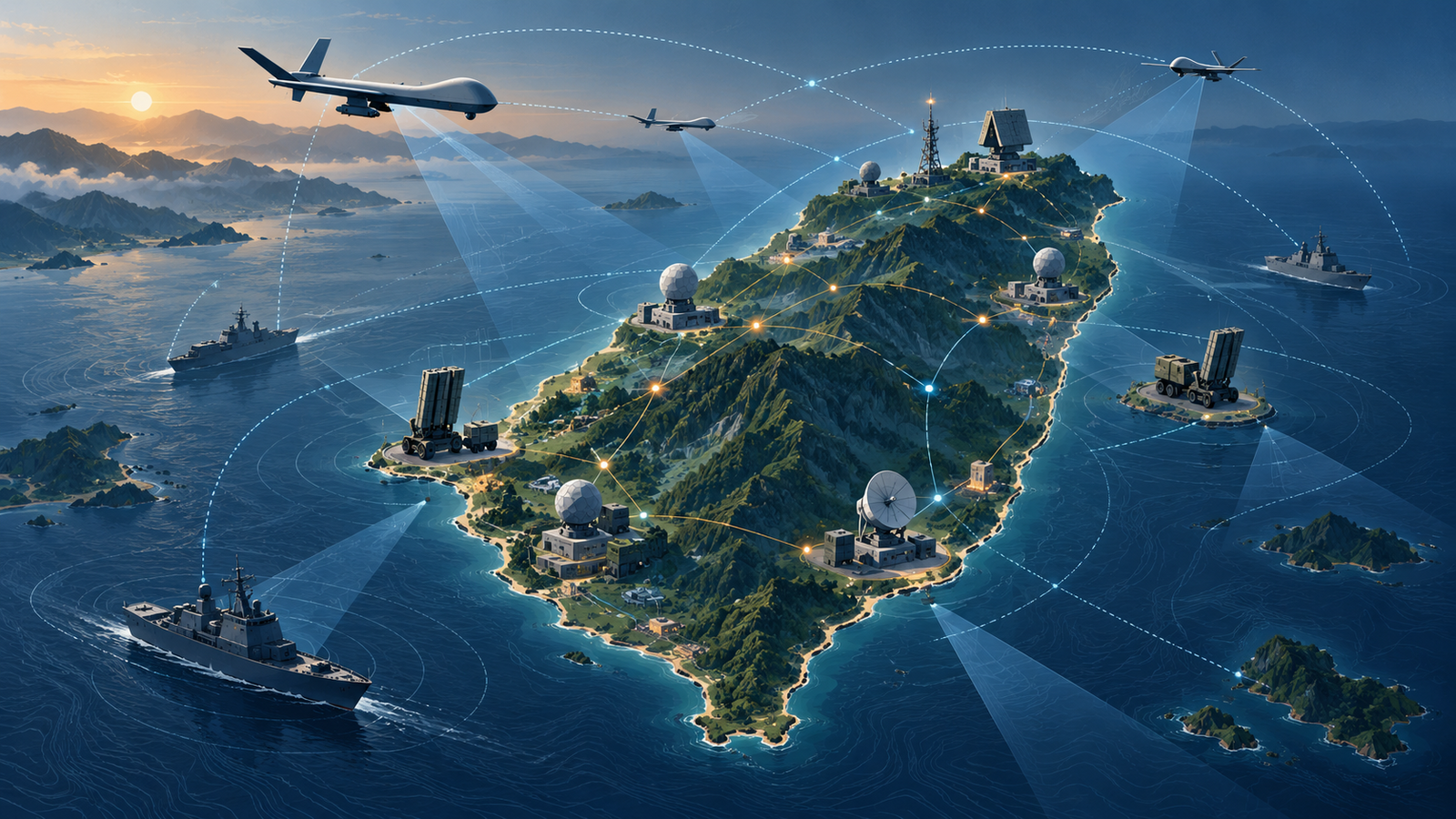 Ilustração conceitual de Taiwan com drones, mísseis e sensores coordenados em exercício defensivo