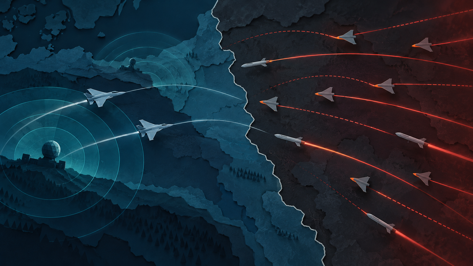 Ilustração conceitual de mapa da fronteira entre Ucrânia e Polônia com trajetórias aéreas e aeronaves defensivas