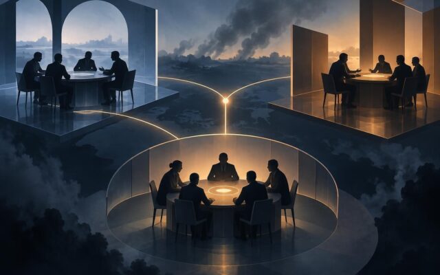 Composição abstrata de três espaços diplomáticos separados por linhas de comunicação, sugerindo negociações internacionais.