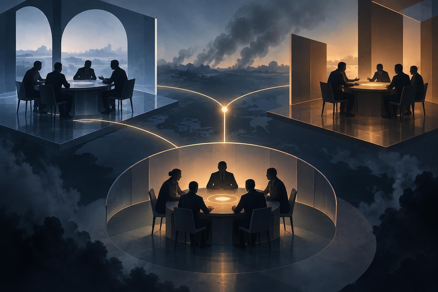 Composição abstrata de três espaços diplomáticos separados por linhas de comunicação, sugerindo negociações internacionais.
