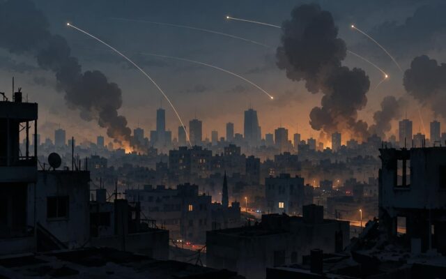 Ilustração conceitual de uma cidade abstrata sob ameaça de ataques aéreos, sem representar local ou vítimas reais.