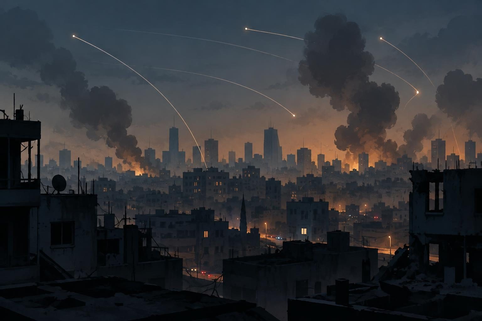 Ilustração conceitual de uma cidade abstrata sob ameaça de ataques aéreos, sem representar local ou vítimas reais.